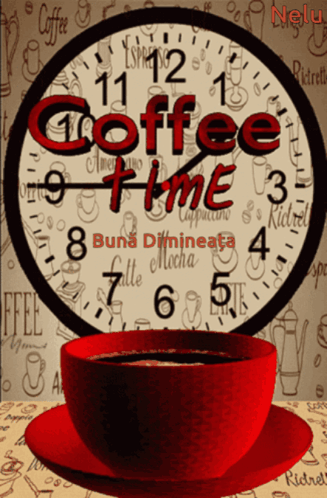 A Cup Of Coffee Sits In Front Of A Coffee Time Clock GIF