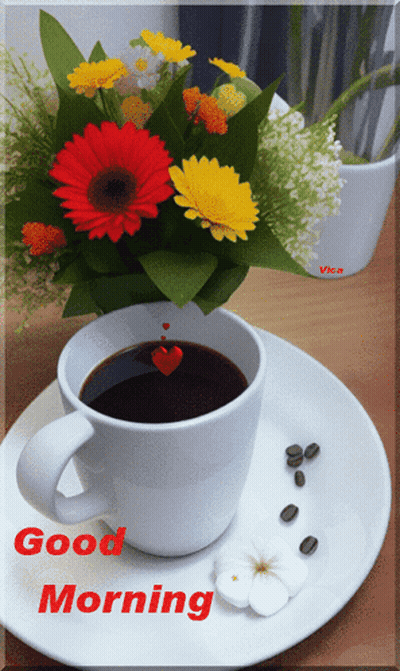 A Cup Of Coffee Sits On A Plate Next To A Vase Of Flowers GIF
