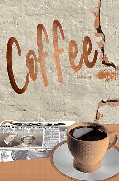 A Cup Of Coffee Sits On A Saucer In Front Of A Wall With The Word Coffee Written On It GIF