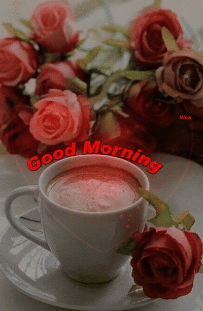 A Cup Of Coffee Sits On A Saucer Next To A Bouquet Of Pink Roses And Says Good Morning GIF