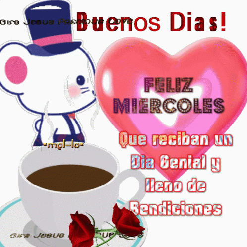 A Cup Of Coffee Sits On A Saucer Next To A Heart That Says " Feliz Miercoles " GIF
