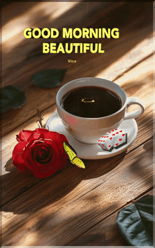 A Cup Of Coffee Sits On A Saucer Next To A Red Rose And A Butterfly And Says Good Morning Beautiful GIF
