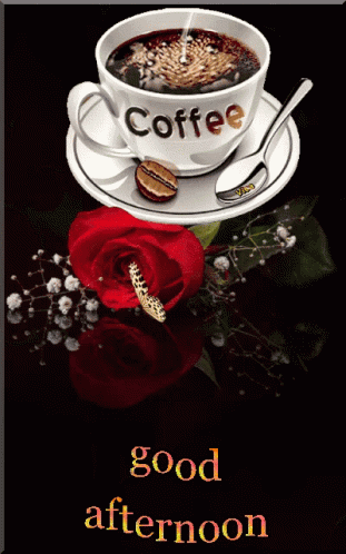 A Cup Of Coffee Sits On A Saucer Next To A Red Rose With A Butterfly On It GIF