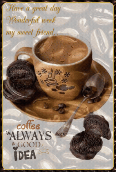 A Cup Of Coffee Sits On A Saucer Next To A Spoon And Cookies GIF