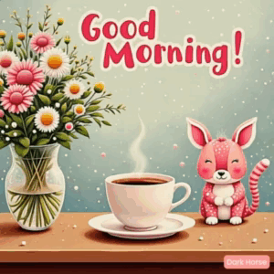 A Cup Of Coffee Sits On A Saucer Next To A Vase Of Flowers And A Cat GIF