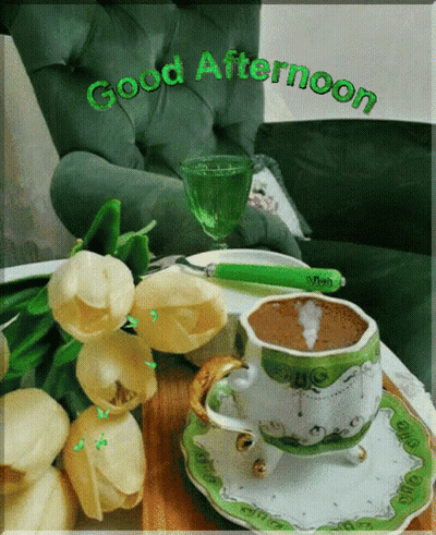 A Cup Of Coffee Sits On A Saucer Next To Flowers And A Glass Of Wine With The Words Good Afternoon On It GIF
