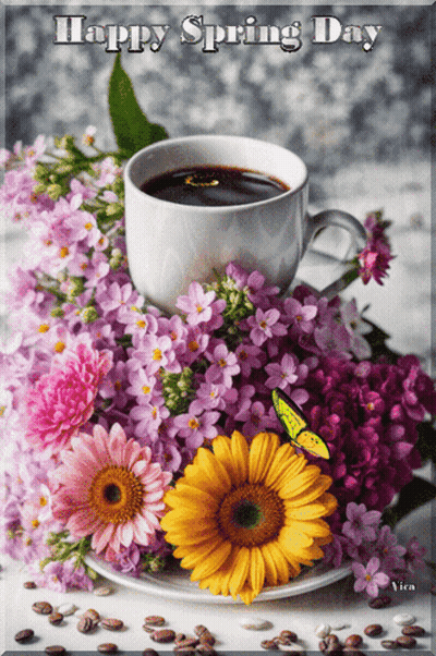 A Cup Of Coffee Sits On A Saucer Surrounded By Flowers GIF