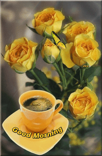 A Cup Of Coffee Sits On A Saucer With The Words " Good Morning " On It GIF
