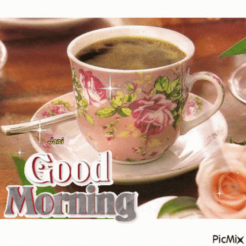 A Cup Of Coffee Sits On A Saucer With The Words Good Morning Written Above It GIF