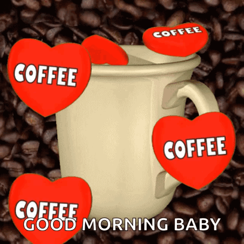 Coffee Cup Surrounded By Beans And Hearts GIF