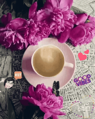 A Cup Of Coffee Surrounded By Purple Flowers With The Words Good Vibes Written On The Bottom GIF
