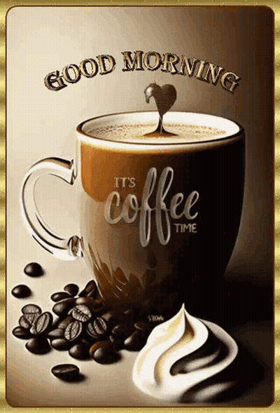 A Cup Of Coffee That Says It 'S Coffee Time Next To Coffee Beans And Whipped Cream GIF