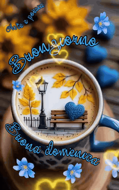 A Cup Of Coffee With A Bench And A Blue Heart On It GIF