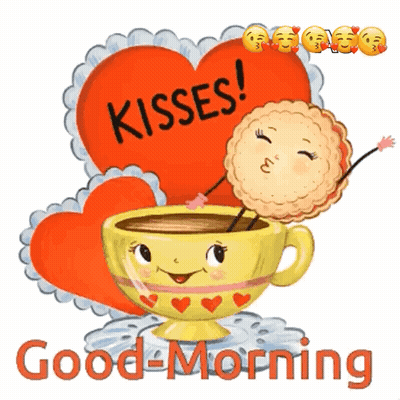 A Cup Of Coffee With A Cookie Sticking Its Tongue Out And A Heart That Says Kisses On It GIF