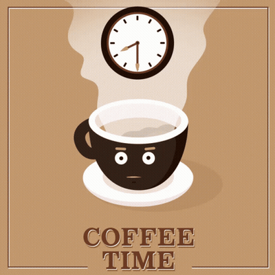 A Cup Of Coffee With A Face And A Clock Above It With The Words Coffee Time Below It GIF