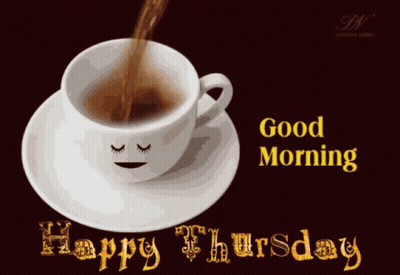 A Cup Of Coffee With A Face On It And The Words Good Morning Happy Thursday On The Bottom GIF