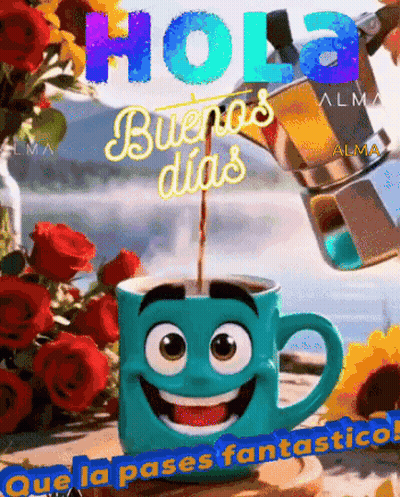 A Cup Of Coffee With A Face On It And The Words Hola Buenos Dias On It GIF
