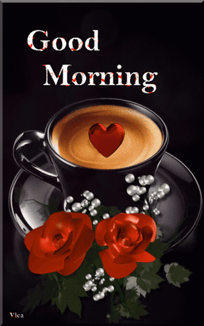 A Cup Of Coffee With A Heart In It And The Words " Good Morning " On The Bottom GIF
