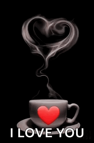 A Cup Of Coffee With A Heart On It And Smoke Coming Out Of It And The Words `` Good Morning I Love You '' . GIF