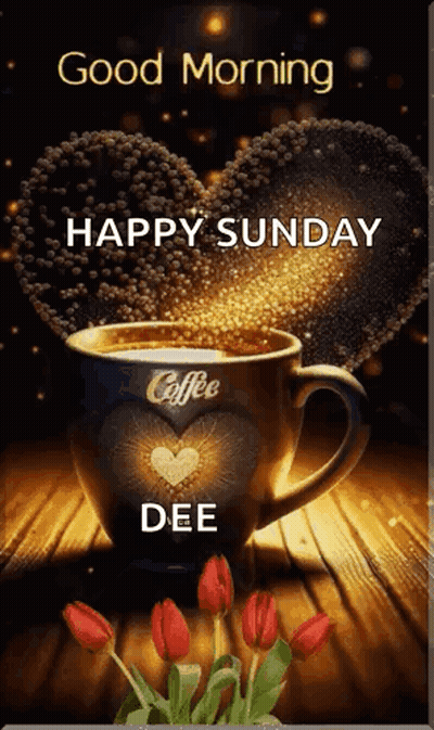A Cup Of Coffee With A Heart On It Is Sitting On A Wooden Table . GIF