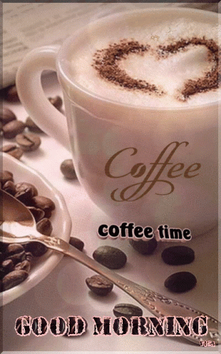 A Cup Of Coffee With A Heart Shaped Foam And The Words Coffee Time Written On It GIF