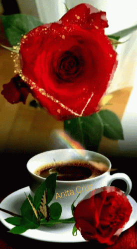 A Cup Of Coffee With A Heart Shaped Rose Next To It And The Name Anita Cruz GIF