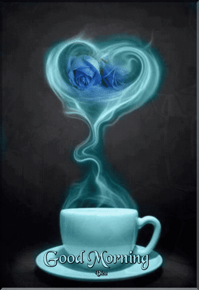 A Cup Of Coffee With A Heart Shaped Smoke Coming Out Of It And The Words Good Morning GIF