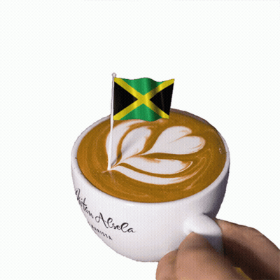 A Cup Of Coffee With A Small Jamaican Flag On Top Of It GIF