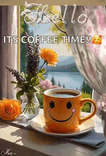 A Cup Of Coffee With A Smiley Face Sits On A Table Next To Flowers GIF