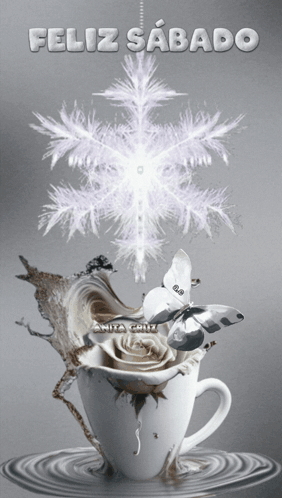A Cup Of Coffee With A Snowflake And The Words Feliz Sabado On It GIF