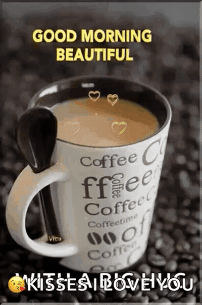 A Cup Of Coffee With A Spoon In It And A Good Morning Message . GIF