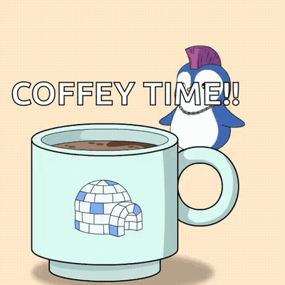 A Cup Of Coffee With An Igloo On It And The Words Coffey Time Written On It . GIF
