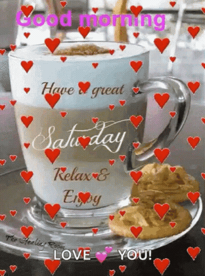A Cup Of Coffee With Cookies On A Saucer And Hearts Around It . GIF