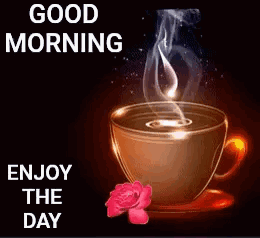 A Cup Of Coffee With Smoke Coming Out Of It And A Pink Rose On A Saucer . GIF