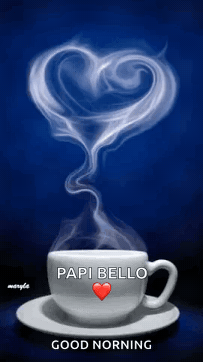 A Cup Of Coffee With Smoke In The Shape Of A Heart And The Words Papi Bello On It GIF