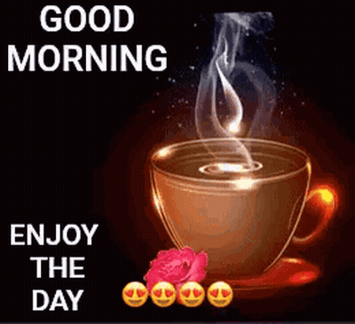 A Cup Of Coffee With Steam Coming Out Of It And A Rose On A Saucer . GIF