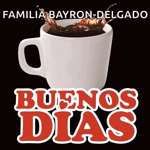 A Cup Of Coffee With The Words " Buenos Dias " On It GIF