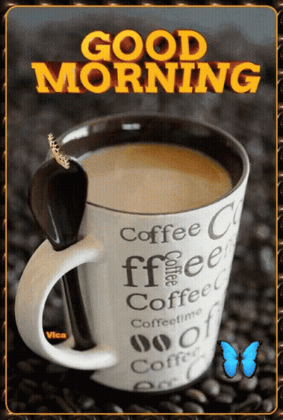 A Cup Of Coffee With The Words " Good Morning " Written On It GIF