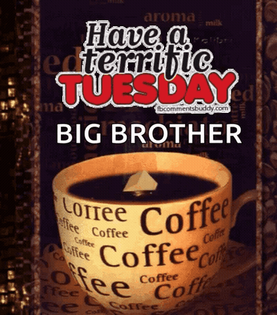 A Cup Of Coffee With The Words Have A Terrific Tuesday Big Brother GIF