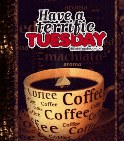A Cup Of Coffee With The Words " Have A Terrific Tuesday " On Top GIF