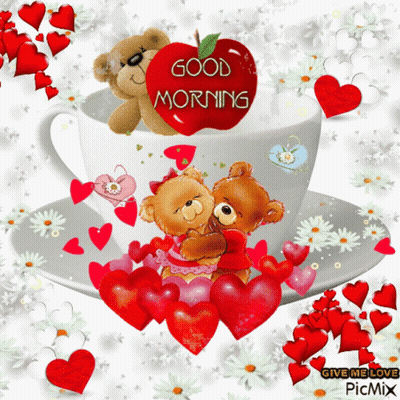 A Cup Of Coffee With Two Teddy Bears And An Apple That Says " Good Morning " GIF