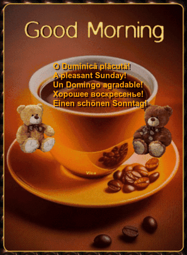 A Cup Of Coffee With Two Teddy Bears On A Saucer And The Words Good Morning GIF
