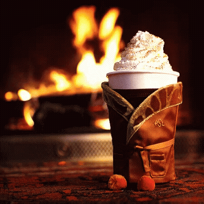 A Cup Of Coffee With Whipped Cream In Front Of A Fireplace With The Letters Fsl On It GIF