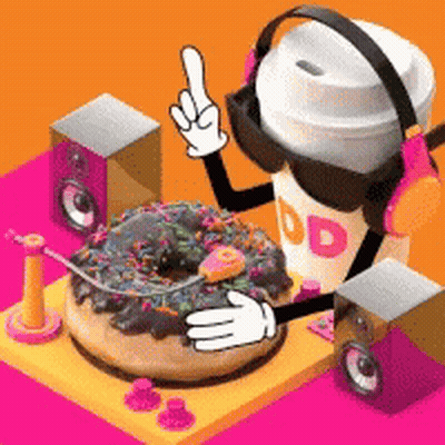 A Cup Of Dunkin Donuts Is Wearing Headphones And Holding A Doughnut GIF