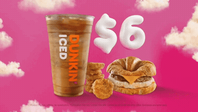 A Cup Of Dunkin ' Iced Coffee Next To A Breakfast Sandwich And Nuggets GIF
