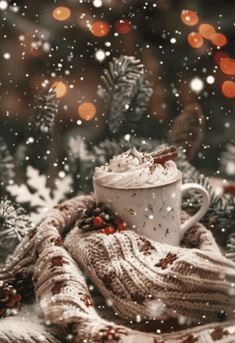 A Cup Of Hot Cocoa With Whipped Cream And Cinnamon Sticks GIF