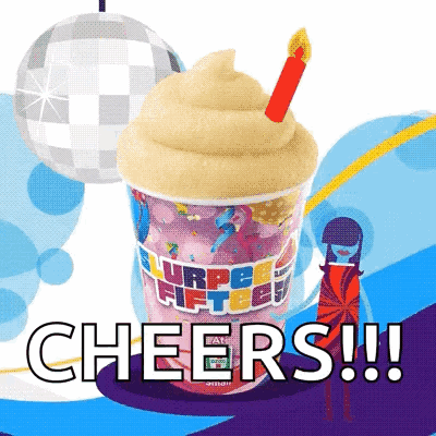 A Cup Of Ice Cream With A Candle And The Words Cheers Written On The Bottom GIF