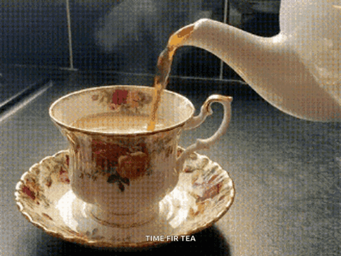 A Cup Of Tea Is Being Poured From A Teapot With The Words Time For Tea Below It GIF
