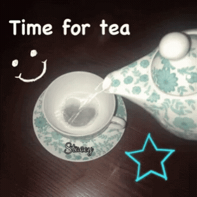 A Cup Of Tea Is Being Poured Into A Saucer With The Words Time For Tea Written Above It GIF