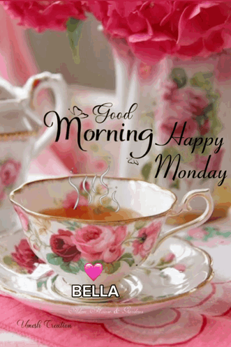 A Cup Of Tea On A Saucer With The Words Good Morning Happy Monday Below It GIF